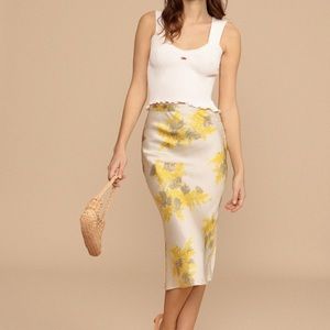 Rouje Carrie Skirt yellow green mimosa floral midi side button satin French